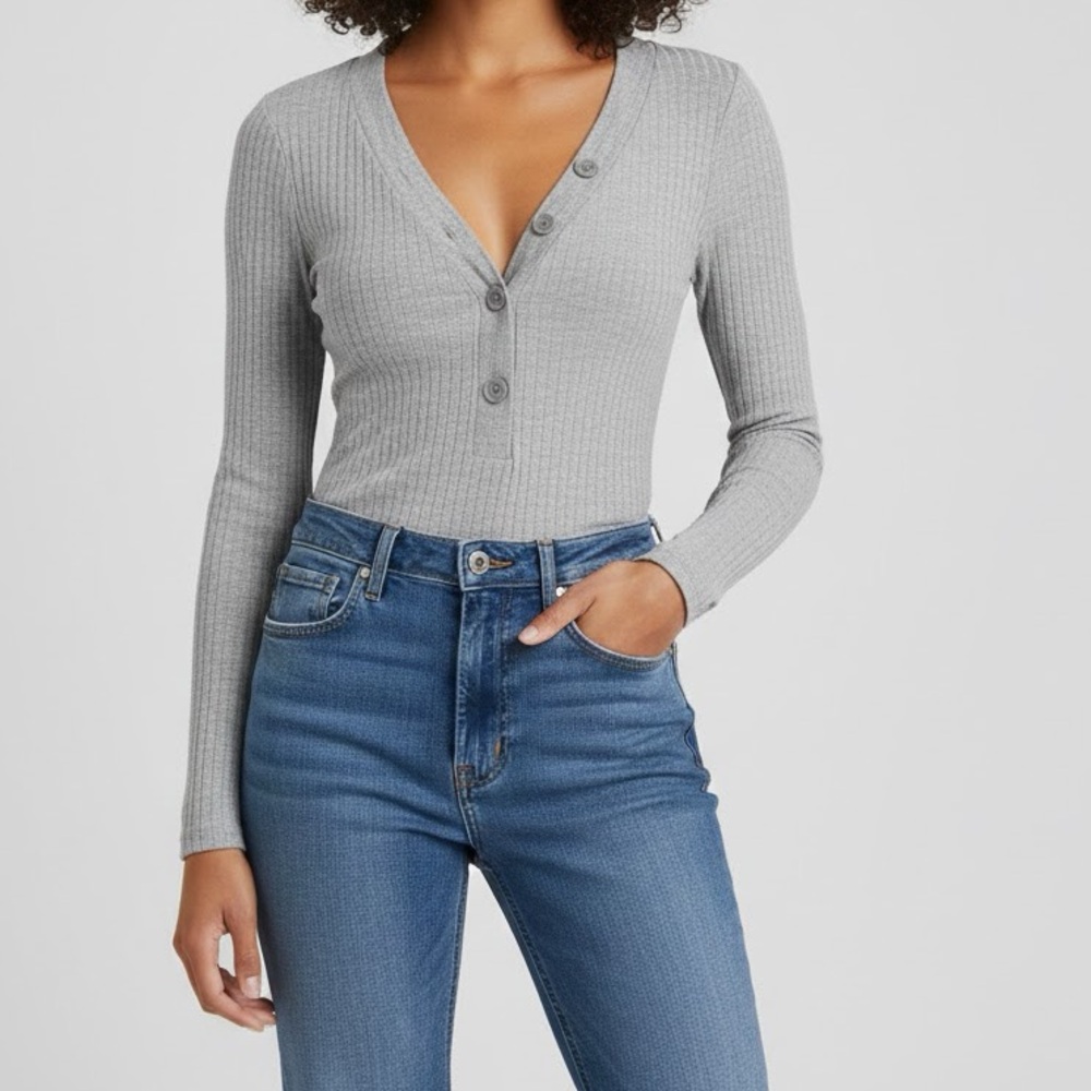 Good American Gray Ribbed Henley Long Sleeve Bodysuit 0